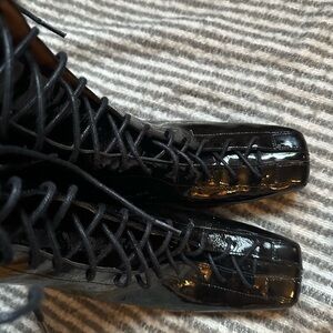 Sleek Black Patent Lace-Up Boots for Women